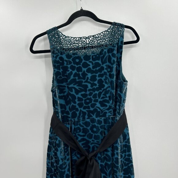 ANTHROPOLOGIE Moulinette Soeurs *FLAWED* Teal Blue Patterned Velvet Silk Dress 4 - Picture 6 of 10